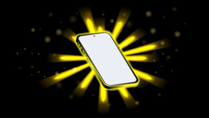 Poster - Realistic 3D Smartphone with Neon Light Effect. Abstract glowing yellow lights on display screen on smart phone. Vector Illustration of a Mobile Phone Mockup with glowing yellow background. Vector.