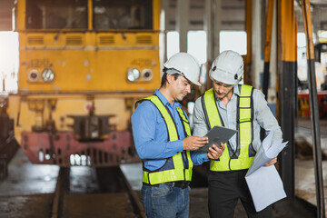 Wall Mural - Engineer team work service maintenance diesel train at railway depot looking locomotive plan in tablet digital technology device together.