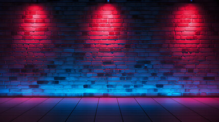 Wall Mural - Neon light on brick walls that are not plastered background and texture. Lighting effect red and blue neon background