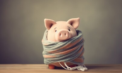 A piggy bank money box wrapped up warm with a scarf. Winter season heating bills, Heat saving, heating prices. Thermal insulation of building or dwelling