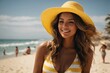 A woman in a yellow hat and bikini enjoys her summer vacation in a tropical beach paradise