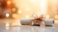 Close Up Of Yoga Mat With Gift Ribbon, Home Festive Decorated Fairy Bokeh Lights, For Christmas, New Year. Healthy Lifestyle, Weight Loss, Blurred De-focused Garland Lights, Gold Bokeh