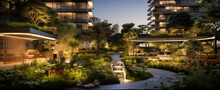 Luxurious Evening Garden Landscape In Modern Residential Area