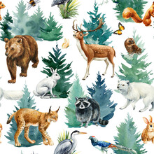 Seamless Pattern With Wild Animals Watercolor Painting, Forest Wildlife, Template For Textile, Wallpaper, Paper.