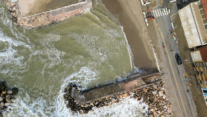 Poster - Storm in Marina di Pisa, Tuscany. Fury of the waves on the coast, aerial view on a sunny morning