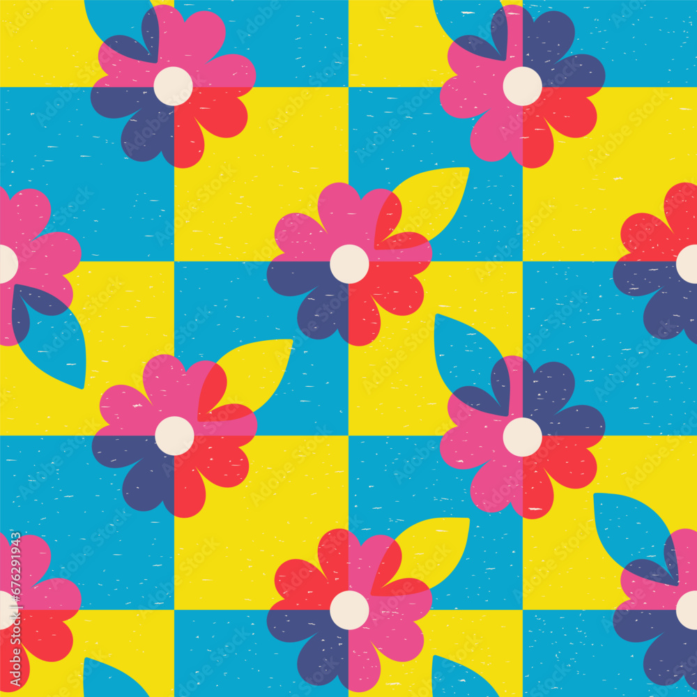Seamless checkered pattern with flowers in risograph style. Vector ...