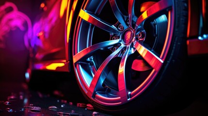 Wall Mural - Sport car wheel with neon light. Car wheel close up. Neon background.