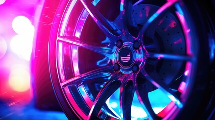 Wall Mural - Sport car wheel with neon light. Car wheel close up. Neon background.