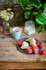 Sticker - Mini cottage cheese pies with strawberries, cherries and peach.. Empanadas. Shortbread dough.