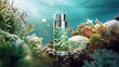 Collagen extract cosmetics of sea plants for product mockup. Algae plant essence with sea water cosmetic bottle with sea salt. Underwater mock up background