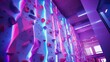 Neon wall with climbing holds in gym. Climbing wall. Sports and active lifestyle