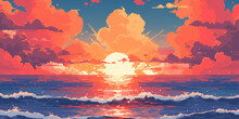 Sunset Or Sunrise In Ocean, Nature Landscape Background, Pink Clouds. Evening Or Morning View Pixel Art Illustration.