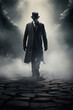 © PaulShlykov - Man in a black top hat and cloak. Demonic image. Magician illusionist. Smoke background