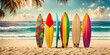 © Smile Studio AP - colorful surfboards standing in tropical beach sand with ocean in the background.