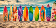 © Smile Studio AP - colorful surfboards standing in tropical beach sand with ocean in the background.