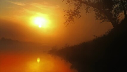 Wall Mural - landscape with sunrise cky over river at summer