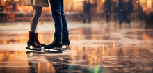 Couple On A Date On An Ice Skating Rink, Standing Toe To Toe Wearing Skates. Concept Of Dating In Winter, Love Or Falling In Love. Shallow Field Of View.