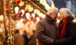 Happy two elderly people woman, man walking against the backdrop of christmas fair lights holding hands on the street, wearing coats, Festive Christmas market, holiday spirits, winter wonderland