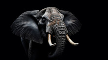 Portrait Of An African Elephant On Black Background