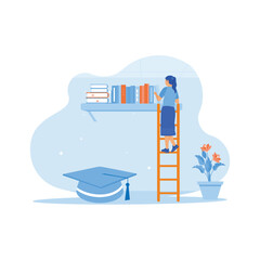 Wall Mural - The teenage girl climbs onto a bookshelf to get a book inside the house. A concept of the educational process. Education concept. trend modern vector flat illustration