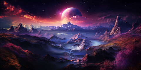 fantasy landscape of fiery planet with glowing stars, nebulae, exoplanetary landscape. mystical burn