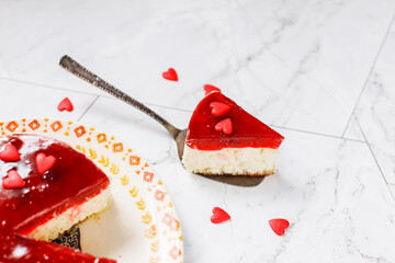 Wall Mural - Delicious homemade cold cheesecake with red cherry jelly.