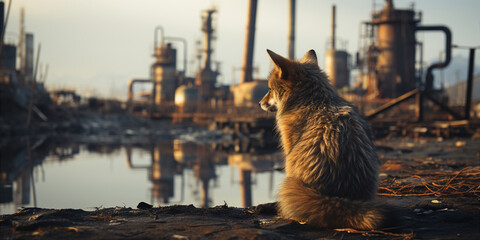 Wall Mural - fox against the background of a factory