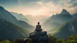 Fototapeta Natura - Meditation, landscape and man sitting on mountain top for mindfulness and spirituality. Peaceful, stress free and focus in nature with view, for mental health, zen and meditating practise