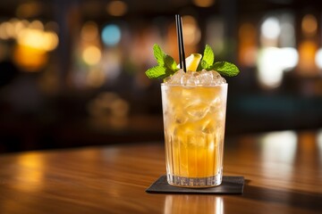 Tropical Elegance: Mai Tai Cocktail Perched on a Bar Counter with a Blurred Bar Backdrop, Invoking the Spirit of Exotic Indulgence