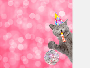 Aufkleber - Smiling cat wearing party cap looks from behind empty white banner and shows disco ball and  blows into party horn. Festive background. Empty space for text