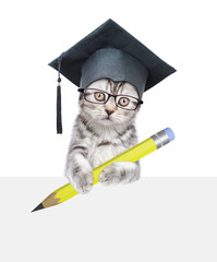 Poster - Smart graduated cat wearing eyeglasses and graduation cap holds the pen above empty white banner. isolated on white background