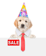 Poster - Golden retriever puppy wearing necktie, party cap shows signboard with labeled 