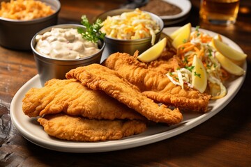 Wall Mural - Southern Comfort on a Plate: Buttermilk Breaded Cod or Catfish, Golden Fried to Perfection, Accompanied by Toast for a Flavorful Delight