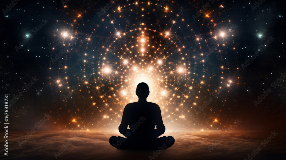 Silhouette, energy and meditation on cosmic background or wallpaper, for mindfulness and spirituality chakra. Enlightenment, peaceful and religion practise for mental health, zen and stress free