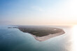 Aerial landscape panorama of Skagen Odde peninsula and Grenen - a meeting point of North and Baltic Sea (Skagerrak and Kattegat). North Jutland, Nordjylland, Denmark