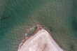 Aerial view directly above the Grenen - a meeting point of North and Baltic Sea (Skagerrak and Kattegat) on Skagen Odde peninsula. North Jutland, Nordjylland, Denmark