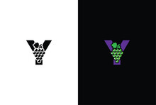 Initial Letter Y Logo. Modern And Simple Letter Y For The Grape Symbol Logo Design With Green Leaves.