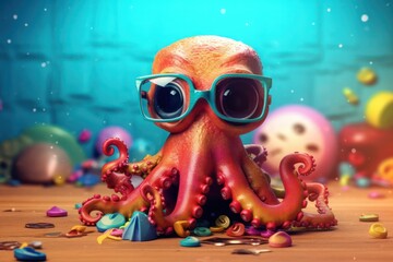 Wall Mural - Funny octopus wearing sunglasses.