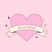Y2k Pink Heart And Ribbon. Cute Valentine Day Decor In 2000s Girly Style. Romantic Love Symbol For Poster, Card, Sticker, Collage Design. Vector Illustration. Coquette Aesthetic