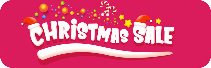 Wall Mural - cartoon christmas sale horizontal banner with lighting stars, candies, lollipops, snow, santa red hat and christmas lights isolated on red background. Cartoon kids style sale label sticker button
