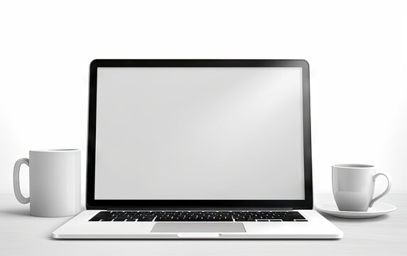 Laptop computer and coffee cup on white table in bright living room white tone