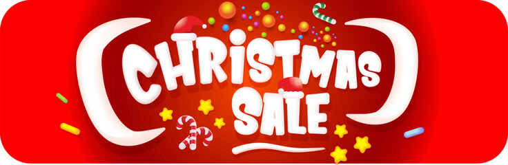 Wall Mural - cartoon christmas sale horizontal banner with lighting stars, candies, lollipops, snow, santa red hat and christmas lights isolated on red background. Cartoon kids style sale label sticker button