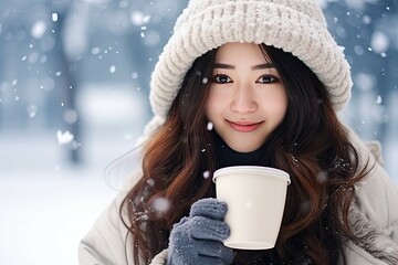 Asian beautiful woman with cup of hot drink