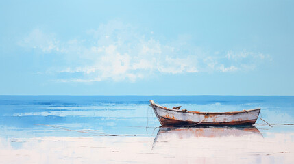  Painting of a lonely boat on the seashore