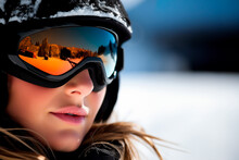 Close-up portrait of an alpine skier wearing a helmet and ski googles, capturing the essence of alpine skiing, winter activities, and sports.
