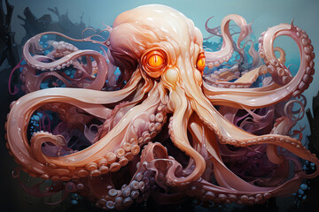 Aufkleber - abstract octopus with soft waves and lines in pastel colors.  