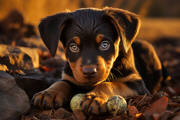 Aufkleber - Doberman puppy playing with a toy, capturing its youthful energy and playful demeanor. 