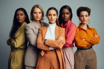 Canvas Print - Group of beautiful young women of different races in business suits on grey background, group portrait of women