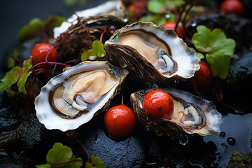 Aufkleber - A close-up of oysters arranged on a bed of seaweed, creating an aesthetic presentation that emphasizes their marine origin.  