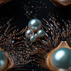 Aufkleber - A close-up of a single pearl glistening within a shell against a black backdrop, emphasizing its purity and luminosity.  Pattern for tiles. 